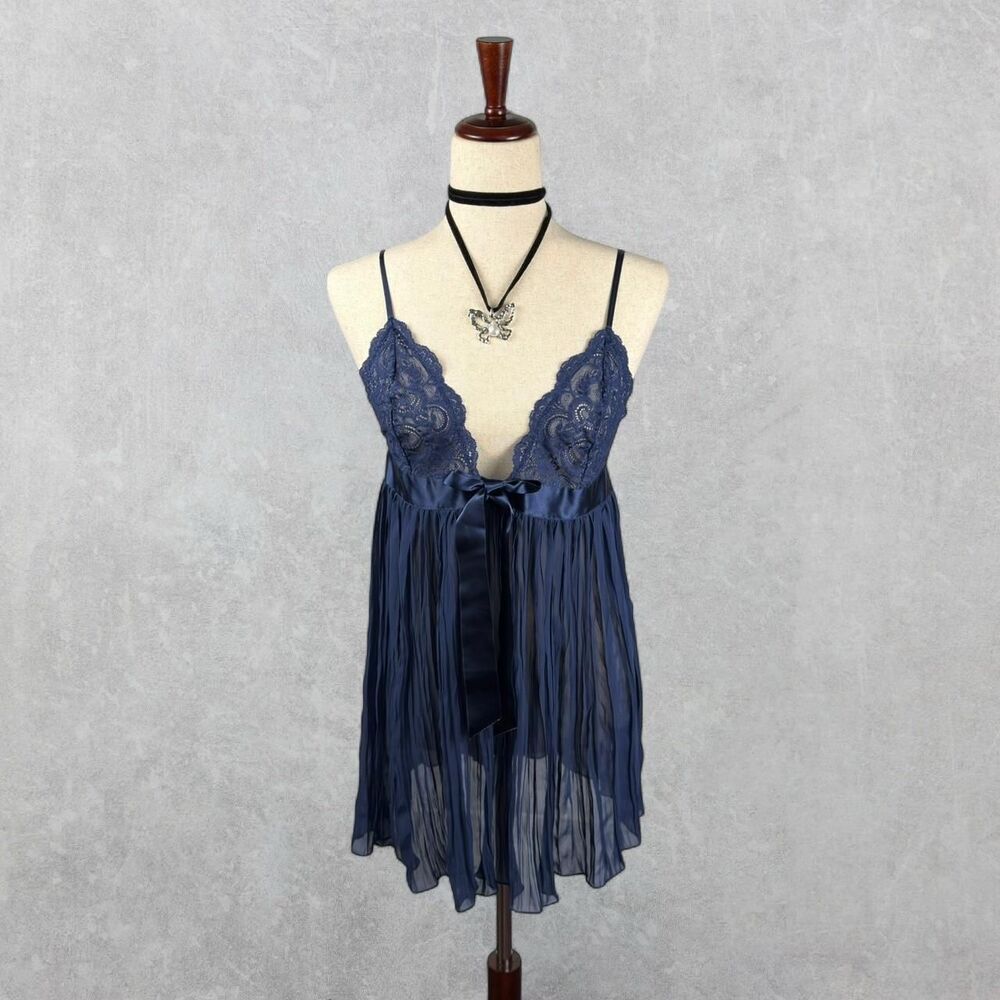 Mid 2010s Victoria’s Secret Navy Blue Sheer Lace Bust Babydoll Slip Dress